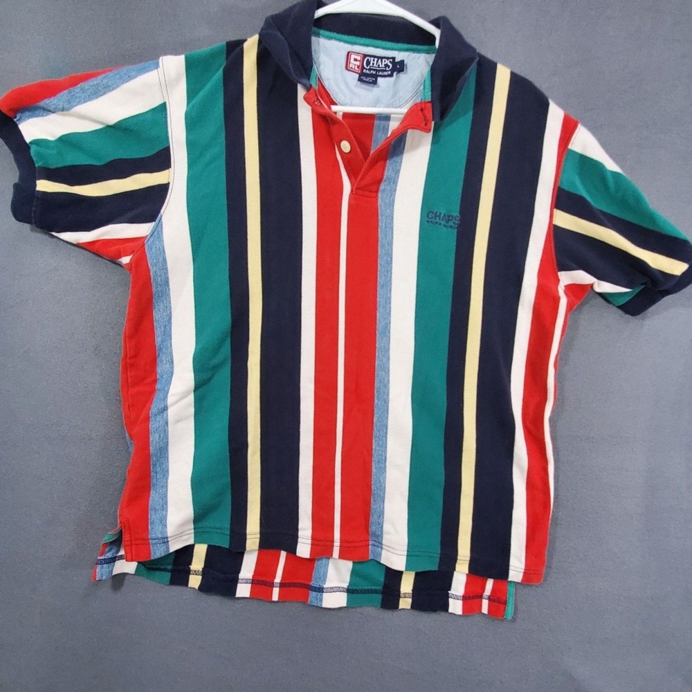 Chaps Ralph Lauren Polo Shirt Mens Size Large Cotton Red White And Green Stripe
